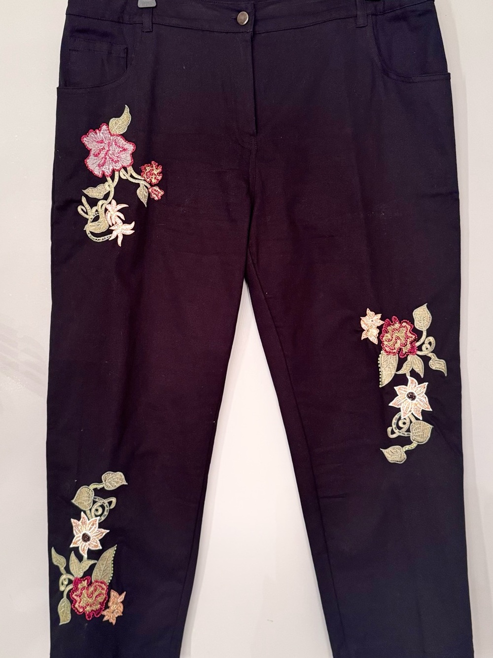 Vanity Black Skinny Pants with Pink & Cream Floral Embroidery